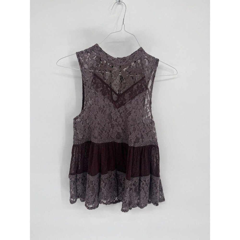 FREE PEOPLE Tiered Sz XS Purple Lace Lady Bird Top Swing‎ Tank High Neck Mesh